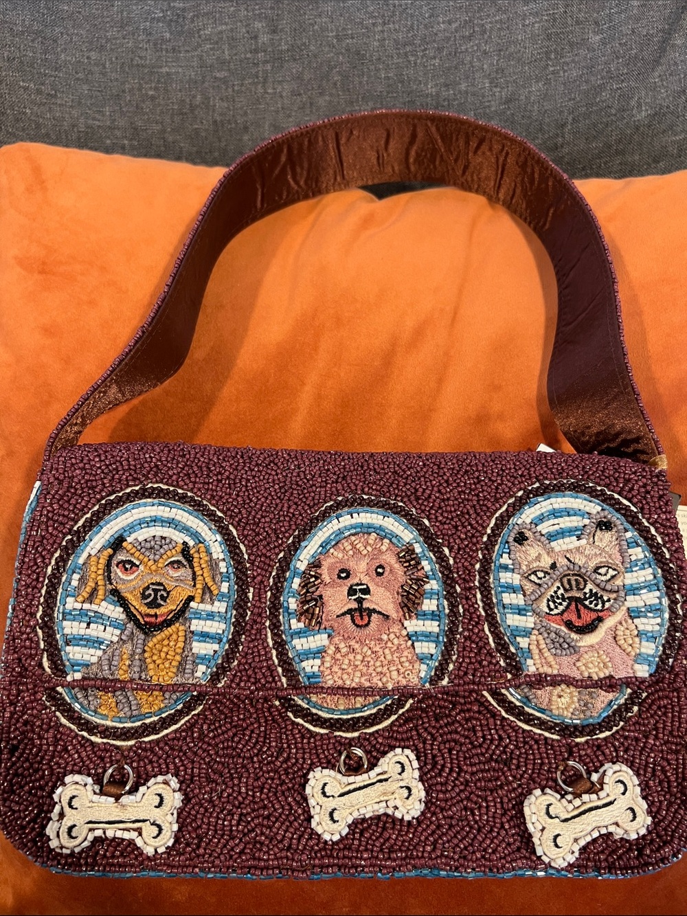 Hand-Beaded Burgundy Dog Portrait Shoulder Bag